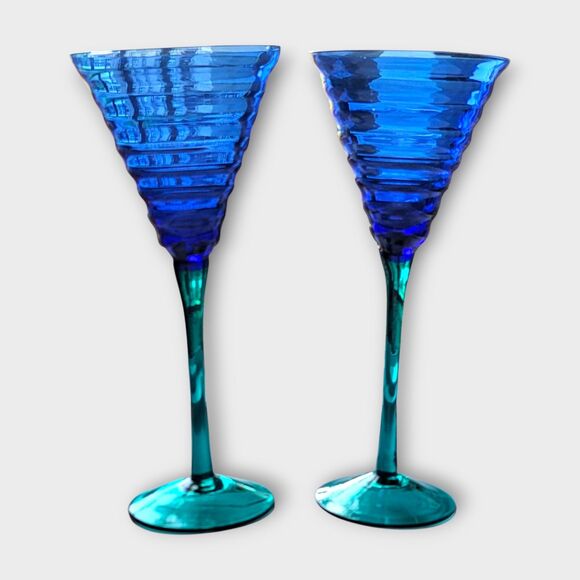 Pier 1 Cobalt Blue Teal Stem Beehive Wine Glasses Water Goblet 2 Pcs 9 Inches - Picture 1 of 12